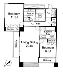 東京メトロ日比谷線 六本木駅 徒歩7分の賃貸マンション 11階2LDKの間取り