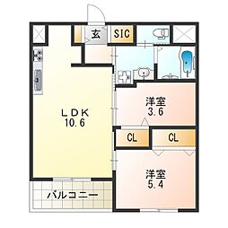 サンブライト今里 2LDKの間取図画像