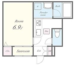 E garden 1階1Kの間取り