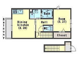 山陽電鉄本線 中八木駅 徒歩10分の賃貸アパート 2階1Kの間取り