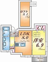 セイントエスペランサ月見山 2階1LDKの間取り
