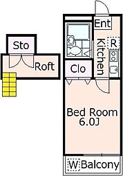 第6あかるハイム 2階1Kの間取り