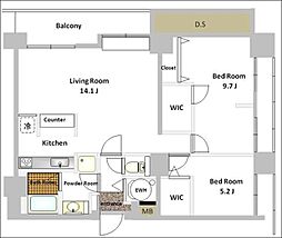 JR山手線 田町駅 徒歩9分の賃貸マンション 11階2LDKの間取り