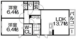 プロヌーブ楠葉朝日 2階2LDKの間取り