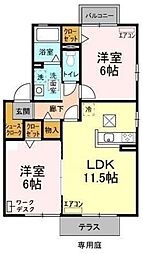 サニーフィールドB 1階2LDKの間取り