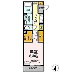 ヴェルデカーサ 3階1Kの間取り