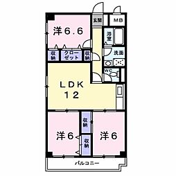 近鉄奈良線 瓢箪山駅 徒歩22分の賃貸マンション 6階3LDKの間取り