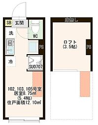琴苑テラスときわ台 1階ワンルームの間取り
