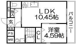 プラリア招提元町Ａ棟 2階1LDKの間取り