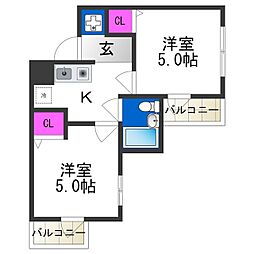 ミングルROSAC棟 2Kの間取図画像