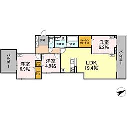 JR南武線 稲城長沼駅 徒歩1分の賃貸マンション 3階3LDKの間取り