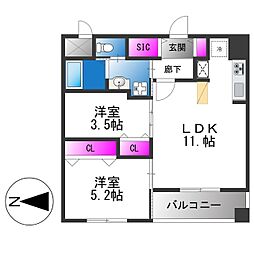 サンブライト今里 2LDKの間取図画像