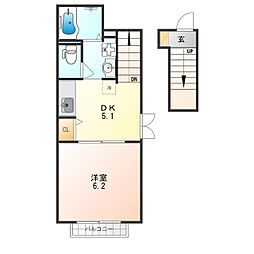 ディアコートN 2階1DKの間取り