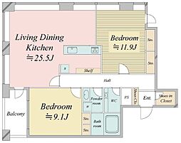 レジディアタワー麻布十番 20階2LDKの間取り