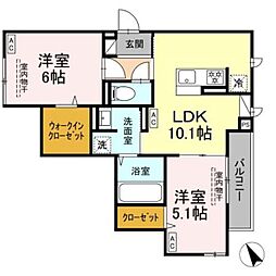 ドムスクレスト森野 2階2LDKの間取り