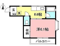 コスモ多摩 2階1Kの間取り