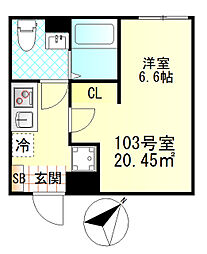 リバティ東門前 1Kの間取図画像