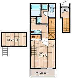 ヒメジオン五反野 2階1Kの間取り