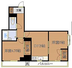 ティユール岡部 1階2DKの間取り