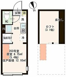 ハーモニーテラス上中里 2階ワンルームの間取り