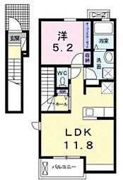 プラシードカーサI 2階1LDKの間取り