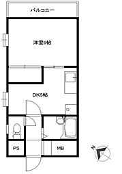平和台不二ハイツ 2階1DKの間取り