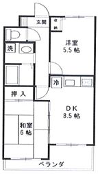 エアフォルク細山 2階2DKの間取り