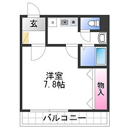 西マンション 4階1Kの間取り