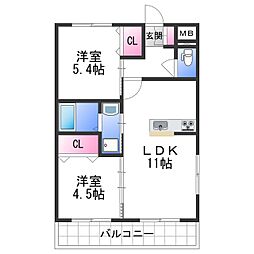 カサ・エイト 2階2LDKの間取り