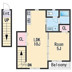 TJ島橋西ノ丁 2階1LDKの間取り