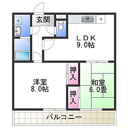 JR阪和線 富木駅 徒歩25分の賃貸マンション 3階2LDKの間取り