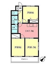 コンフォートソシア 3階3DKの間取り