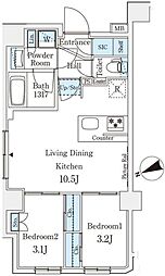 アジールコート山手動坂 7階2LDKの間取り