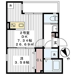 クレア船橋 2階1DKの間取り