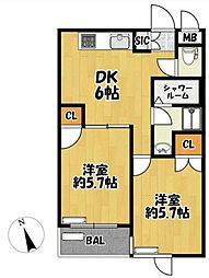 グリーンハイツ丘 3階2DKの間取り