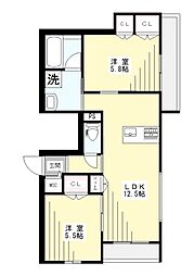 イリュージア 3階2LDKの間取り