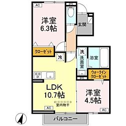 多摩都市モノレール 甲州街道駅 徒歩16分の賃貸アパート 1階2LDKの間取り