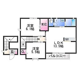 シャーメゾン木ノ本 2階2LDKの間取り