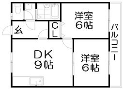 シャンローズ東香里 2DKの間取図画像