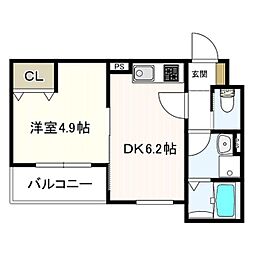 ヴェルメゾン松原東新町 1DKの間取図画像