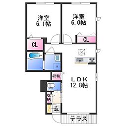 シャーメゾンフローラ 1階2LDKの間取り