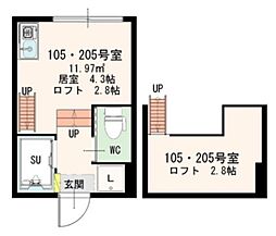 シャンブル東新宿 2階ワンルームの間取り