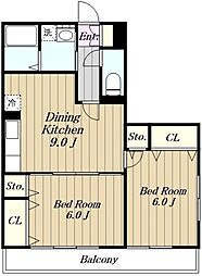 グランディールナギサワ 2階2DKの間取り