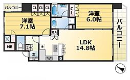 リーガル神戸海岸通り 13階2LDKの間取り