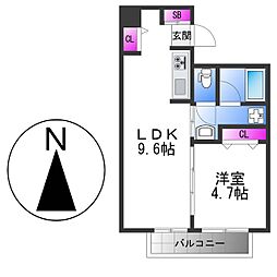 グランガーデン足代新町 4階1LDKの間取り