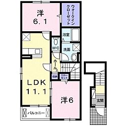 JR和歌山線 岩出駅 徒歩18分の賃貸アパート 2階2LDKの間取り