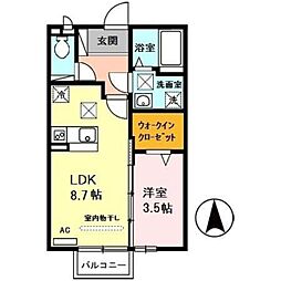 グランディールII 1階1LDKの間取り