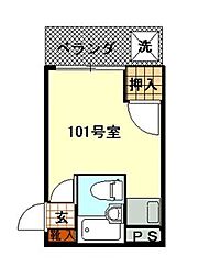 多摩都市モノレール 大塚・帝京大学駅 徒歩12分の賃貸マンション 1階ワンルームの間取り