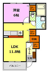 JR水戸線 結城駅 徒歩16分の賃貸アパート 1階1LDKの間取り