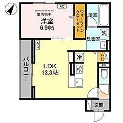 オークヒル上町 1LDKの間取図画像